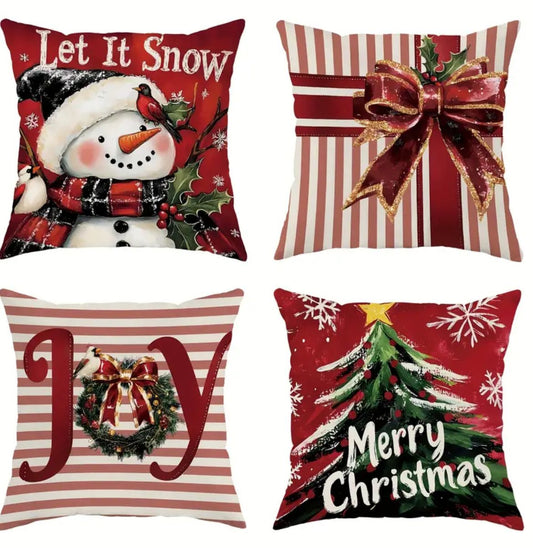 Conjunto de 4 fundas de almohada de Navidad contemporánea, 18x18 pulgadas, diseños de muñeco de nieve, alegría, lazo, árbol - Fundas de almohadón de poliéster con cierre de cremallera para sofá y decoración del hogar - Lavable en máquina