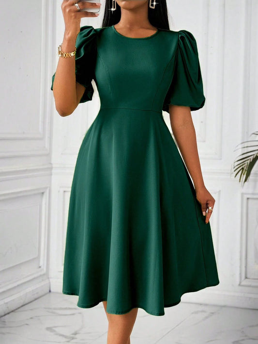 Lyxana Vestido maxi verde de mujer con mangas abultadas y cintura ceñida para primavera y verano