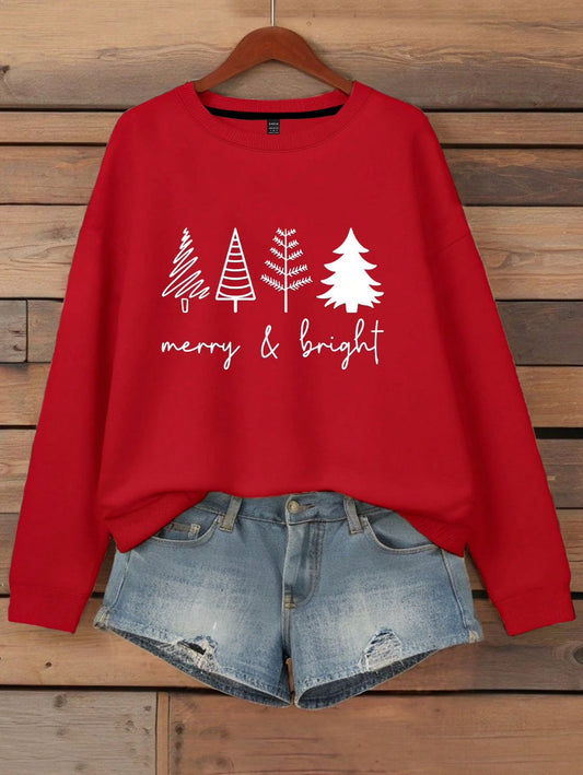 SHEIN LUNE Sudadera de mujer con estampado de árboles de Navidad "Feliz y brillante"
