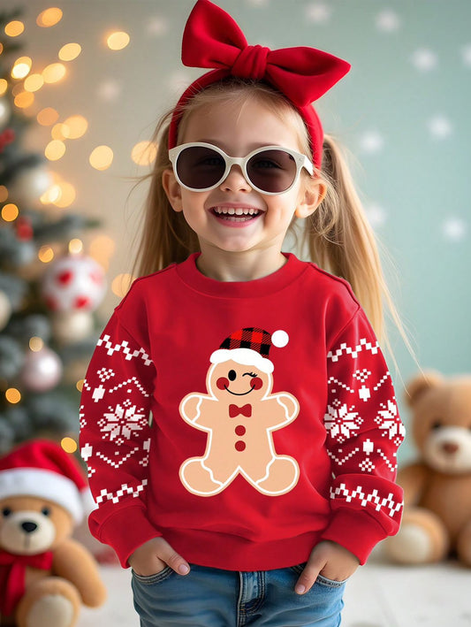 SHEIN Sudadera holgada de punto de manga larga cómoda para uso diario con gráfico de hombre de jengibre navideño, adecuada para otoño/invierno, para niñas jóvenes