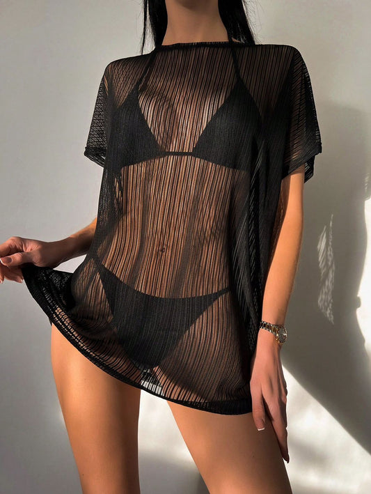 SHEIN Swim Cubierta/chal De Manga Corta De Malla Transparente