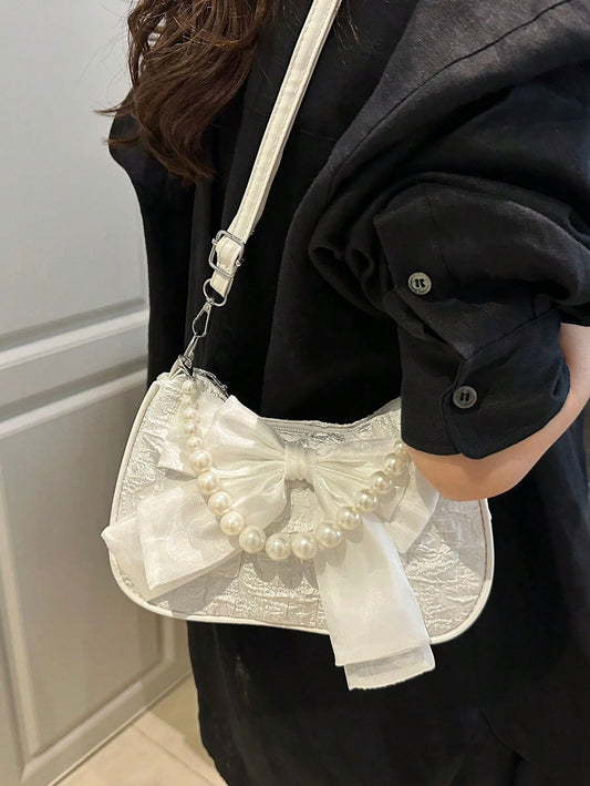 Bolso de mano y de hombro decorado con cadena de perlas, minimalista y práctico, multifuncional