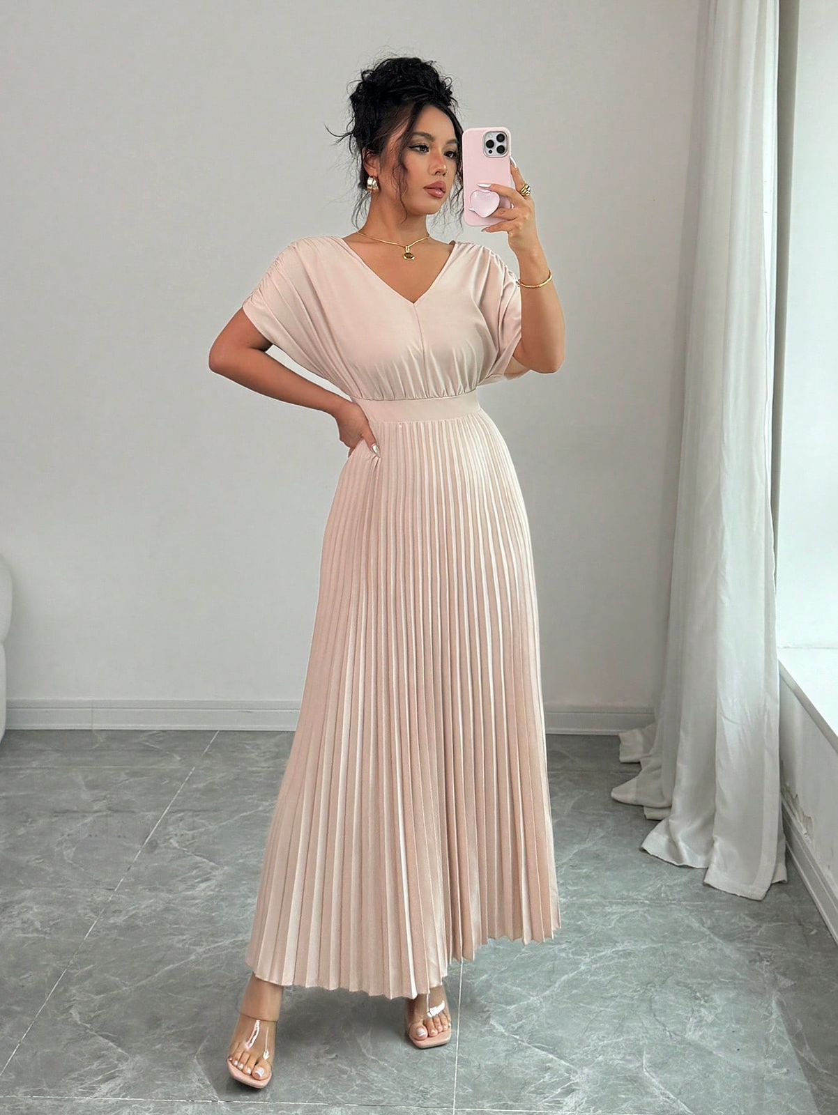 Elenzga Vestido de mujer elegante de unicolor con dobladillo plisado, para el verano