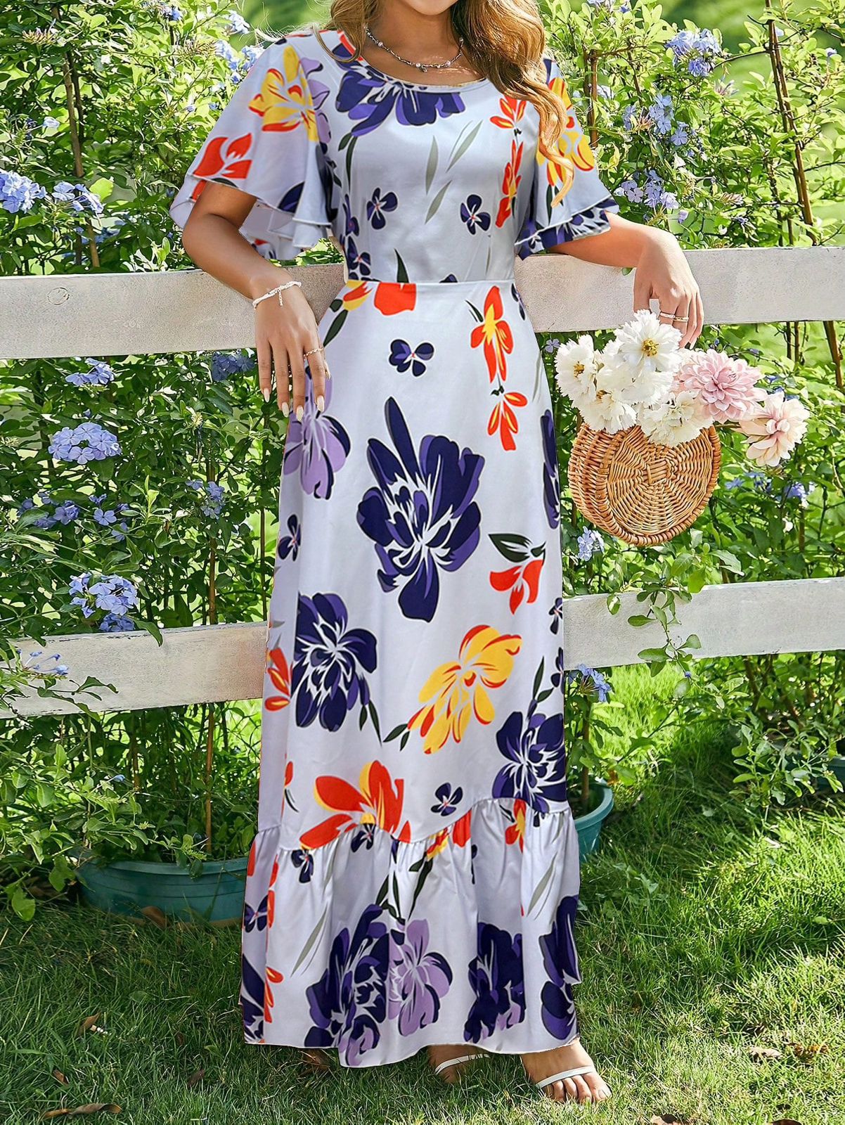 Breezaya Vestido largo con escote redondo, manga corta y volantes con estampado floral francés para vacaciones y playa