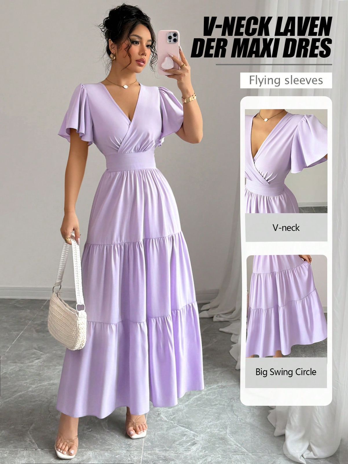 Elenzga Vestido morado de manga corta, 2025 Primavera/Verano, Nuevo, Francés, Elegante, Cinturón en la cintura, Efecto estilizante, de Alta calidad
