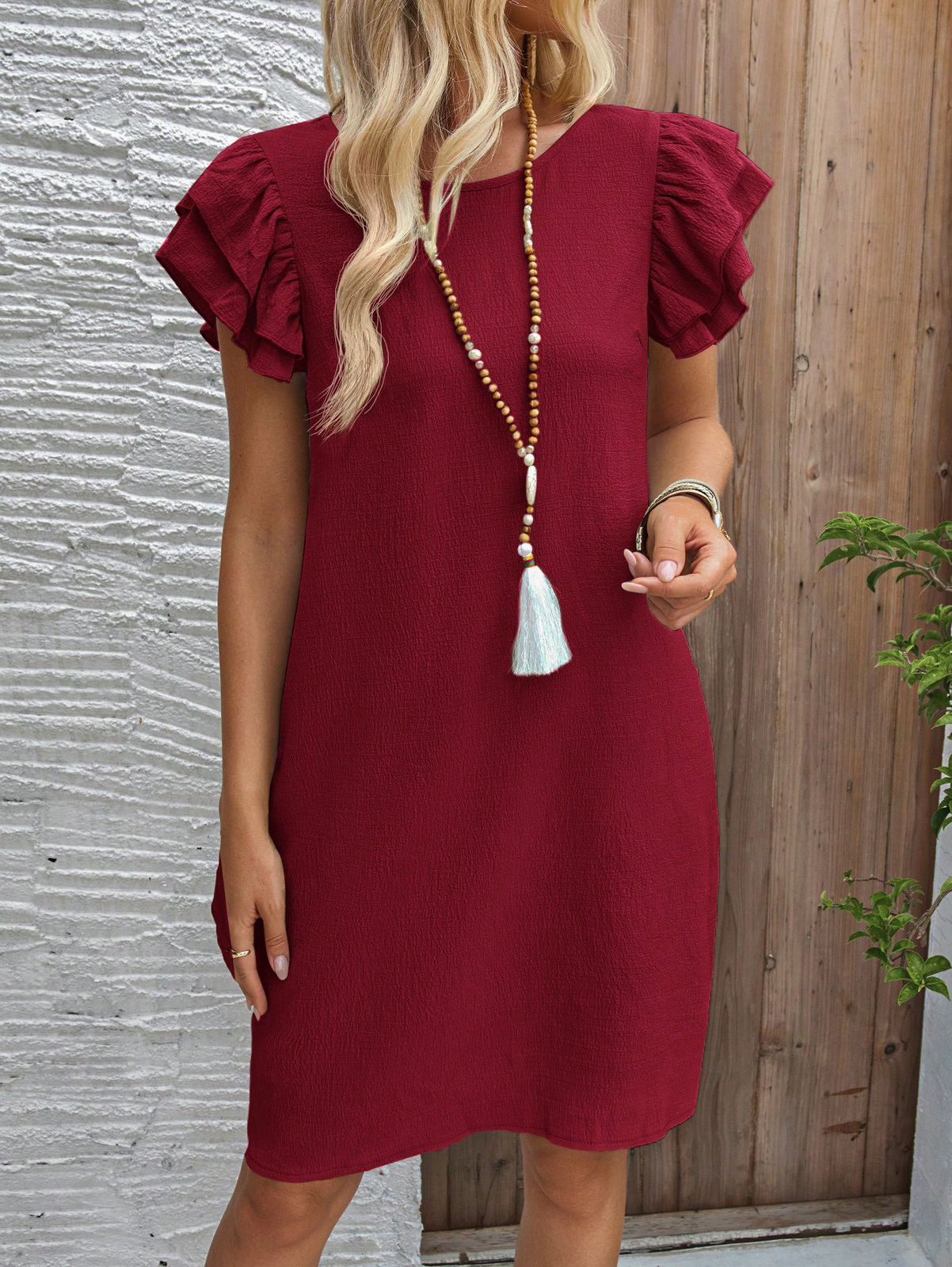 EMERY ROSE Vestido casual simple de cuello redondo liso con dobladillo de volantes para mujeres