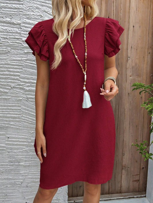 EMERY ROSE Vestido casual simple de cuello redondo liso con dobladillo de volantes para mujeres