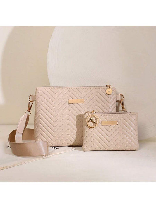 2 piezas Bolso cruzado de mujer con estampado de olas, relieve y correa - Bolso de hombro con metal brillante - Sobre de embrague - Monedero
