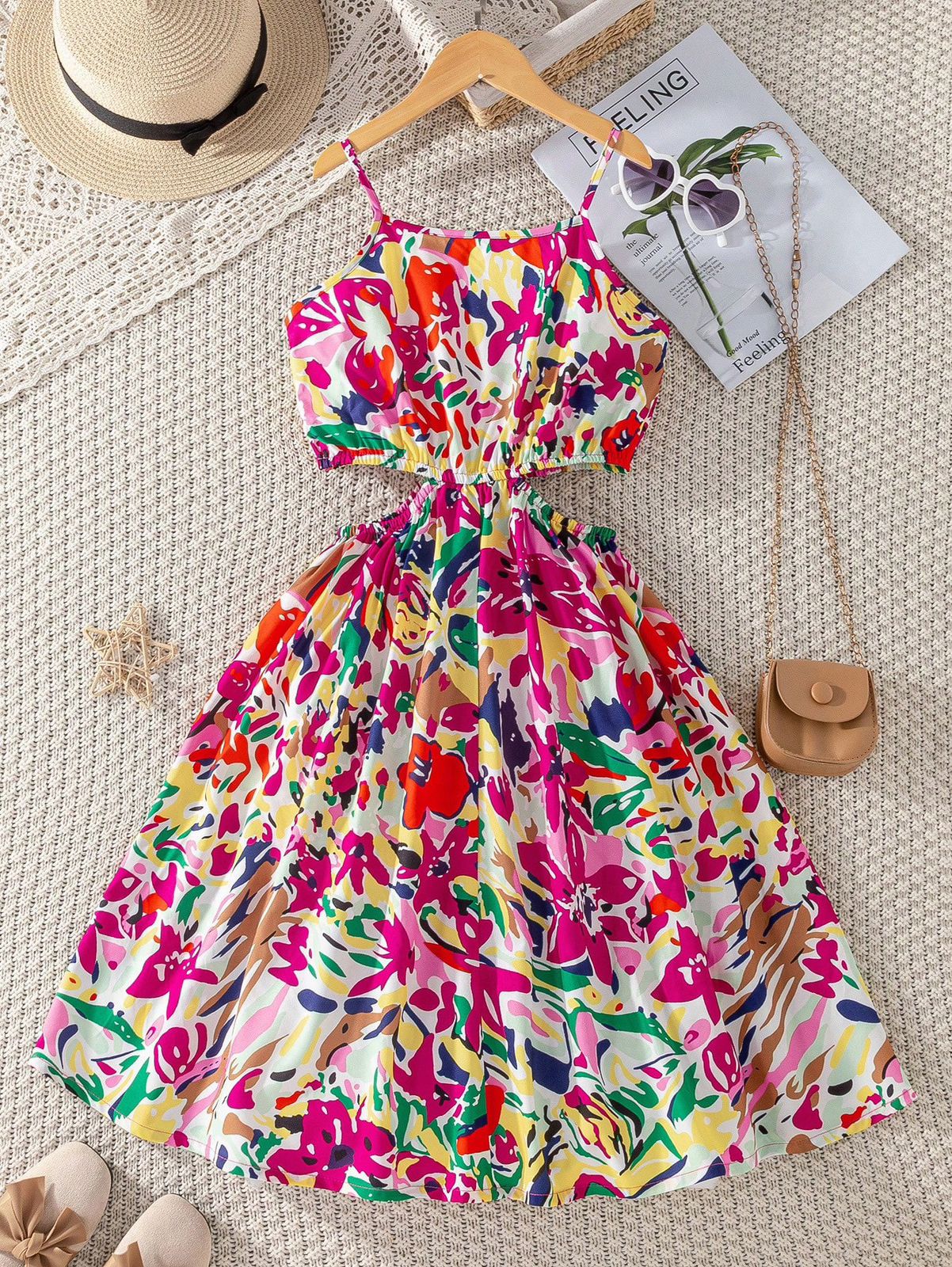 SHEIN WESTFADE Young Vestido de tirantes casual con estampado floral y corte en la cintura para niña preadolescente