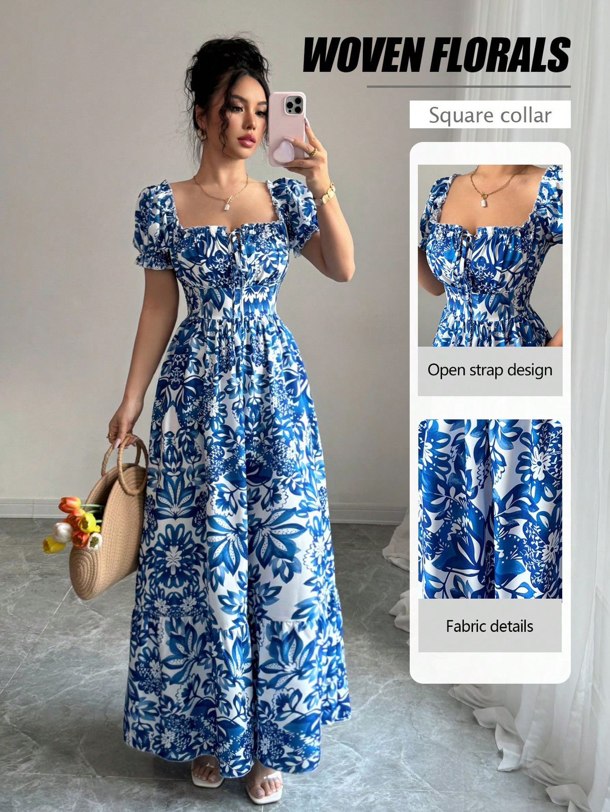 Elenzga Nuevo vestido con estampado floral, mangas abullonadas, nudo delantero, espalda fruncida y cintura ceñida para mujer.