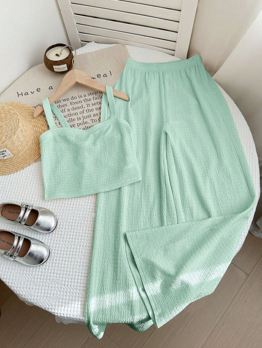 LMoss Kids Set de 2 piezas para niña preadolescente: Top de tirantes de unicolor tejido y pantalones de pierna ancha