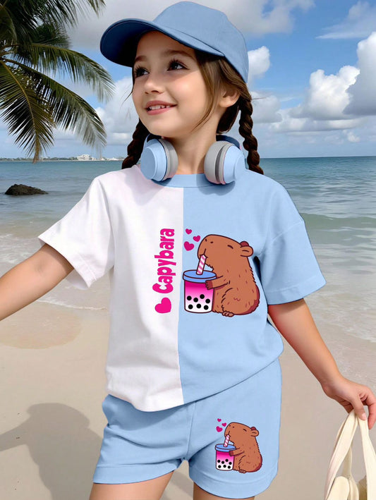 Conjunto informal de 2 piezas para niña pequeña con camiseta con estampado de taza de té con leche y dibujos animados, y shorts de ciclista