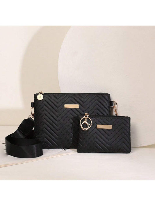 Conjunto de 2 piezas de bolso de mujer compuesto por: bolso bandolera con diseño de ondas en relieve y hebilla metálica brillante, y sobre monedero