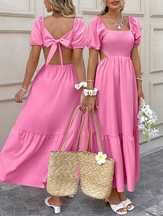 Breezaya Vestido largo de vacaciones de verano para mujer con cuello cuadrado, manga abullonada y unicolor, atuendo para playa y vacaciones