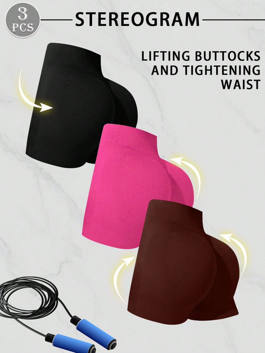 SHEIN 3 piezas Short cortos deportivos de cintura alta para mujer, shorts levantadores de glúteos con control de abdomen, shorts deportivos sin costuras para fitness, running, yoga y entrenamiento