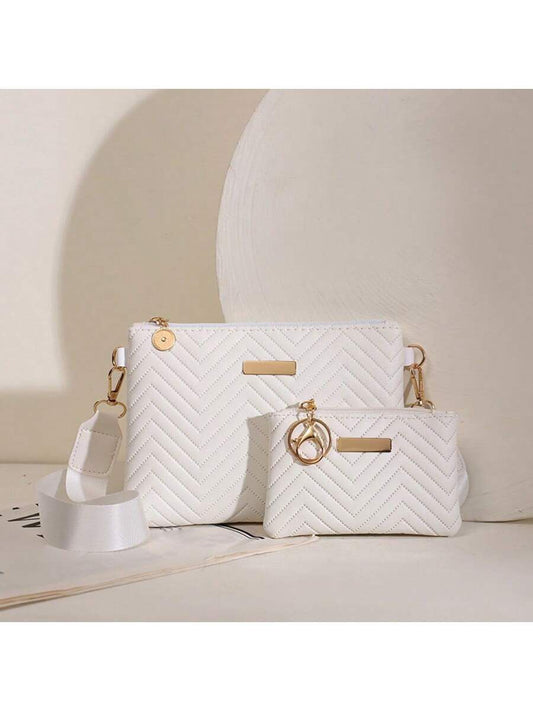 2 piezas Bolso cruzado de mujer con estampado de olas, relieve y correa - Bolso de hombro con metal brillante - Sobre de embrague - Monedero