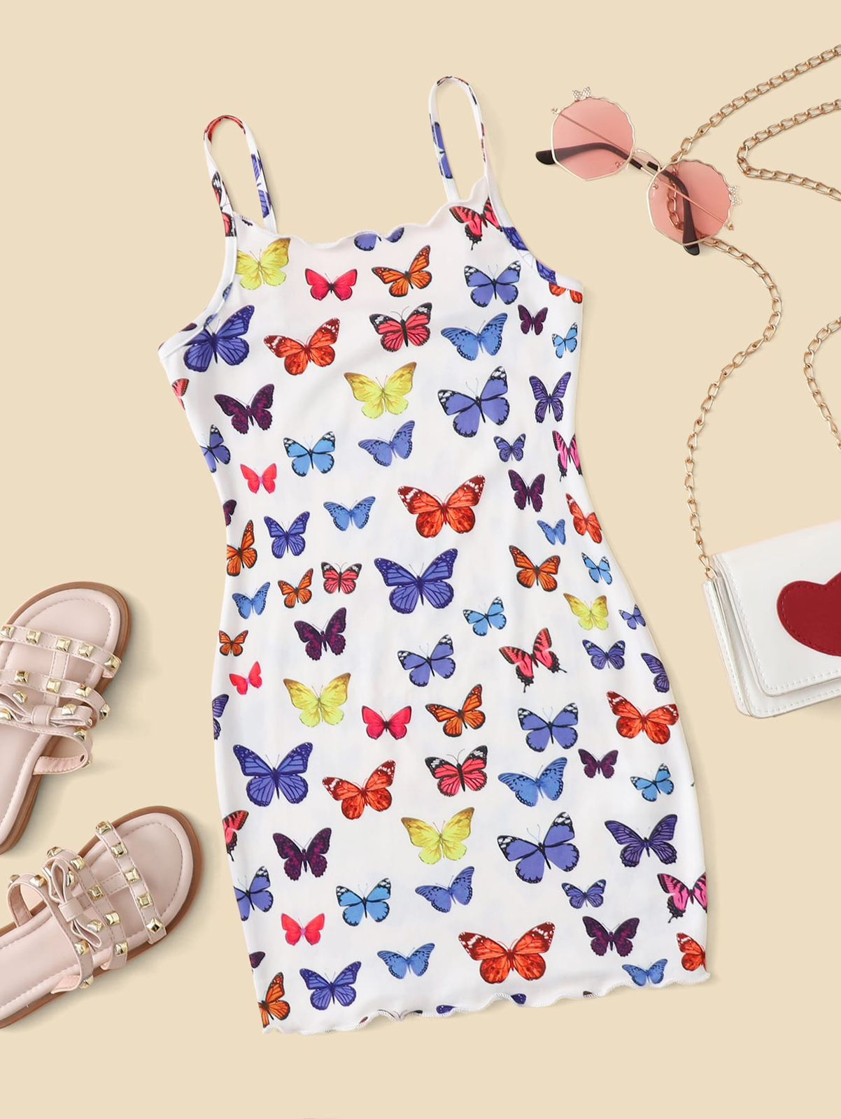 SHEIN Vestido Ajustado Con Borde De Lechuga Con Mariposas Para Niñas Jóvenes