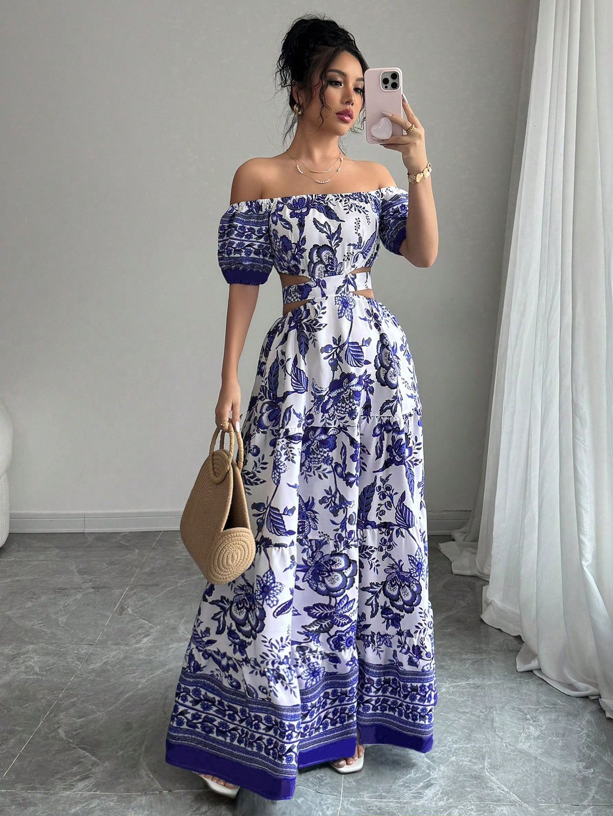 Rafferiza Vestido informal de estilo vacacional con hombros descubiertos y lazo en la espalda