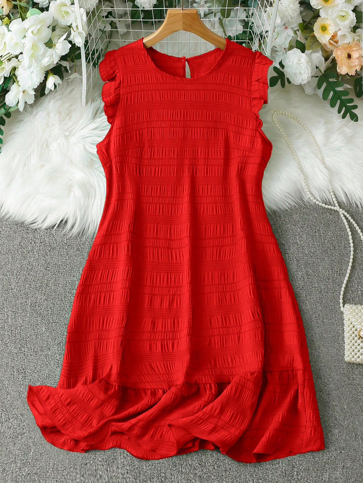 Franclia Vestido casual elegante de mujer de unicolor, de cuello redondo, sin mangas y de manga corta