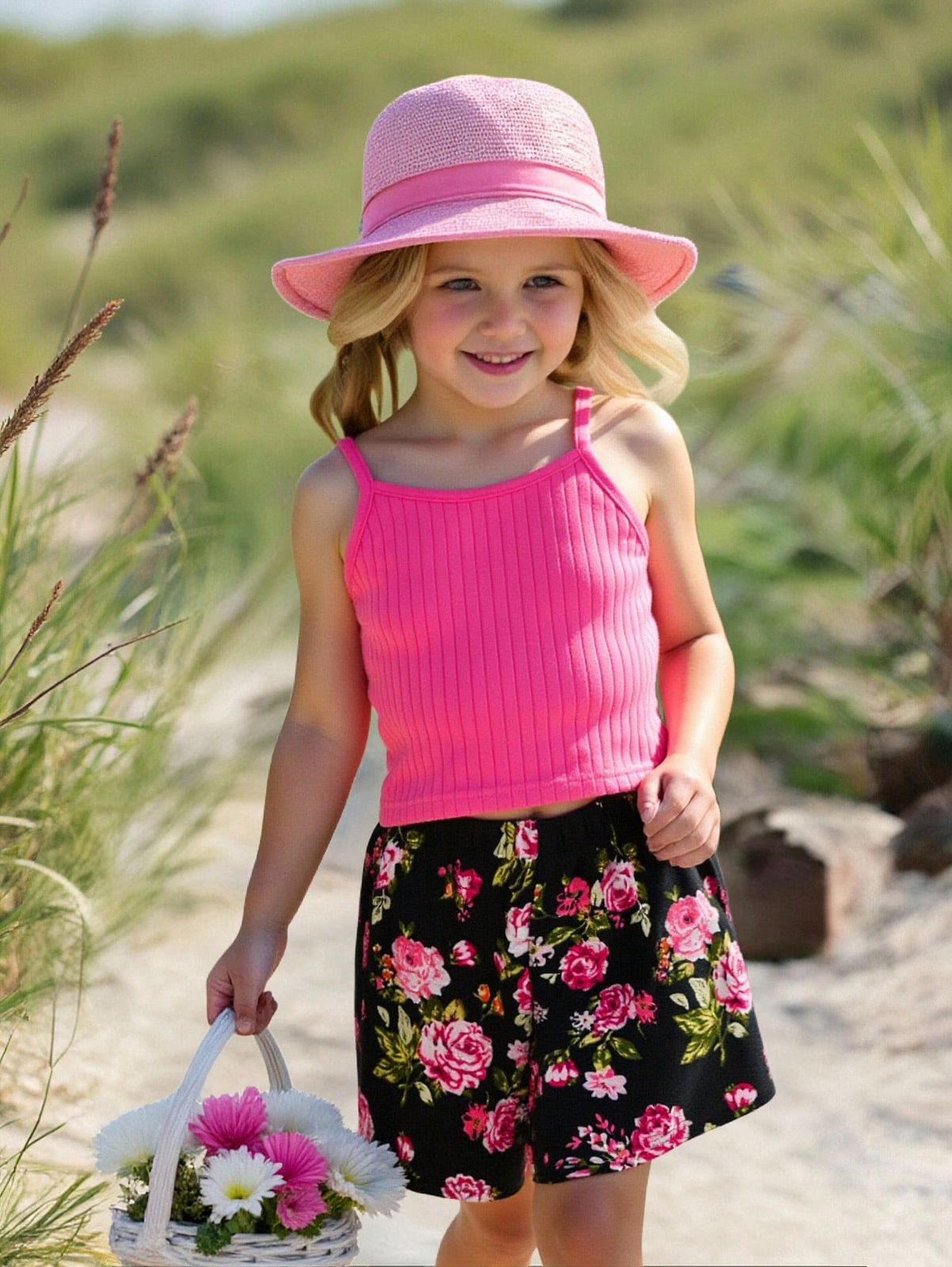 SHEIN Top De Camiseta Sin Mangas De Punto Acanalado Para Niñas Jóvenes & Pantalones Cortos Con Estampado De Flores NO INCLUYE SOMBRERO