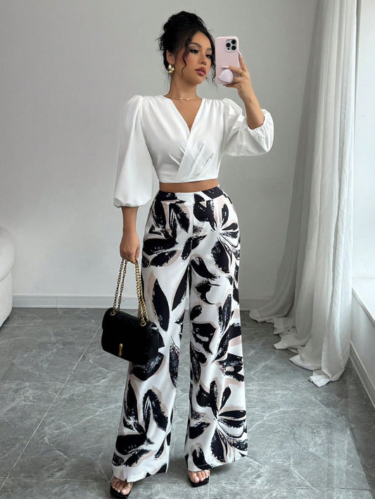Elenzga Conjunto de blusa de manga abombada elegante y romántica para vacaciones y pantalones anchos de pierna con estampado floral para mujer